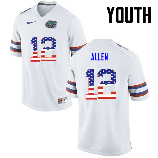 Youth Florida Gators #12 Jake Allen College Football USA Flag Fashion Jerseys-White
